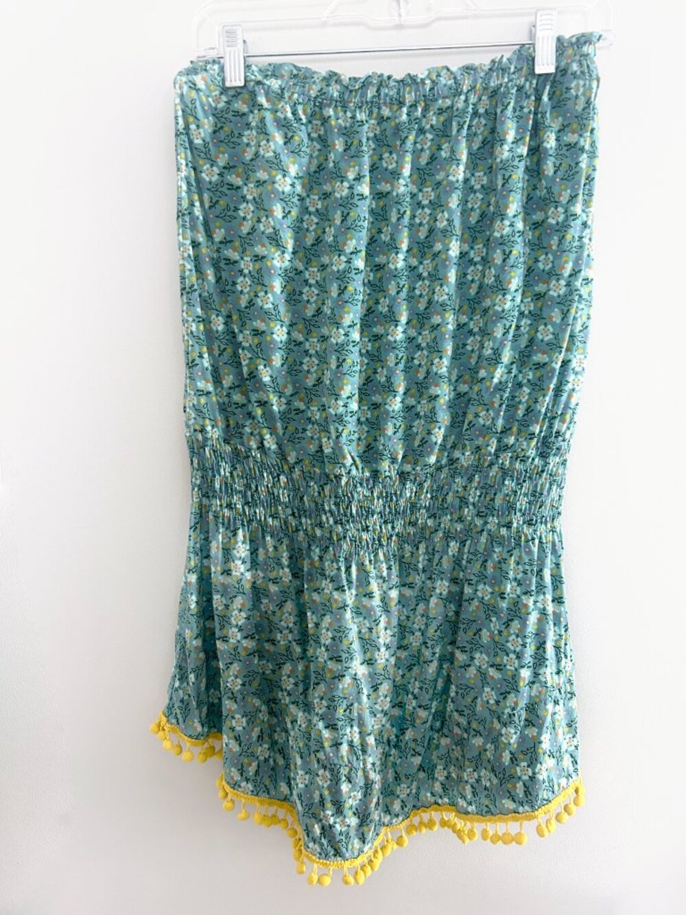Natural Life Strapless Boho Mini Dress Floral Elastic Waist Beachy Pom Pom S/M - Picture 2 of 8